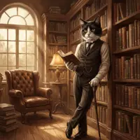 An anthropomorphic tuxedo cat wearing a formal vest and trousers, leaning against a bookshelf while holding a book.