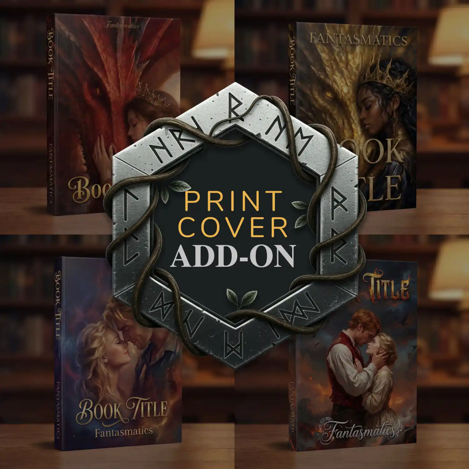 A promotional collage for a "PRINT COVER ADD-ON" service. The center features a dark, hexagonal stone emblem engraved with Norse runes and wrapped in vines, displaying the text "PRINT COVER ADD-ON" in gold and white. The blurred background showcases four different fantasy book cover designs arranged in a grid, featuring dragons and romantic couples in a library setting. A purple "PRIMARY" tag sits in the top-left corner.