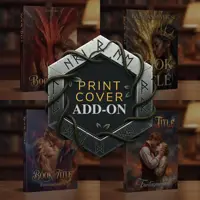 A promotional collage for a "PRINT COVER ADD-ON" service. The center features a dark, hexagonal stone emblem engraved with Norse runes and wrapped in vines, displaying the text "PRINT COVER ADD-ON" in gold and white. The blurred background showcases four different fantasy book cover designs arranged in a grid, featuring dragons and romantic couples in a library setting. A purple "PRIMARY" tag sits in the top-left corner.