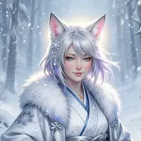 A beautiful kitsune woman with pointed fox ears and long white hair, dressed in a traditional light blue kimono and heavy white fur stole. She stands in a soft, blurred winter forest with falling snow, her expression serene and ethereal in the cold light.