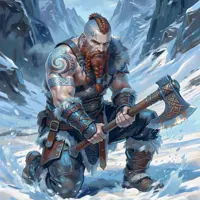 A red-bearded northman with intricate blue tattoos stands ready in a frozen mountain pass. He grips a large, ice-rimed battle axe, wearing heavy furs and leather. The swirling snow and jagged peaks behind him emphasize a hardy, high-fantasy aesthetic.
