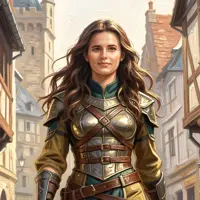 Fantasy human female rogue in bronze leather chest armor, smiling brunette townswoman adventurer, medieval village street background, RPG mercenary character concept art