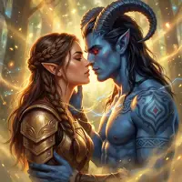 A close-up of a brown-haired elven woman in golden armor and a blue-skinned, horned tiefling sharing an intimate moment. The high-contrast lighting emphasizes the painterly brushstrokes on his blue skin and the shimmering gold of her pauldrons.