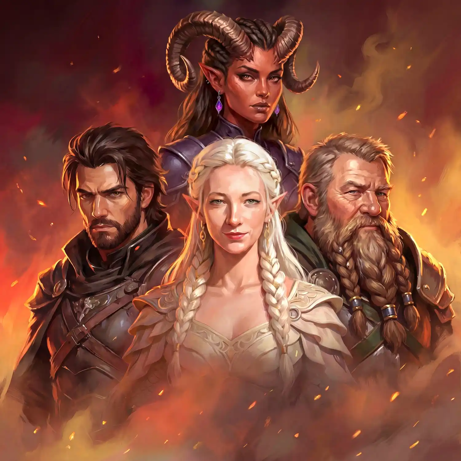 A high-detail digital illustration of a diverse fantasy adventuring party. Centered is a blonde elf in white armor, flanked by a dark-haired human warrior and a bearded dwarf. A tiefling woman with large horns looms behind them. The group stands against a dramatic backdrop of swirling fire and embers. This cinematic group portrait showcases intricate character designs and vibrant lighting, ideal for D&D players, TTRPG fans, and fantasy art collectors looking for custom party commissions.