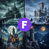 A quad-view featuring a stone bridge leading into a misty mountain keep, a snowy fortress on a jagged peak, a moonlit castle gateway, and a solitary watchtower overlooking a river valley under a glowing full moon.