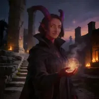 Village Sorceress. A tiefling woman with reddish skin and dark horns stands in a ruined village at dusk, cradling a glowing orb of fire in her hand. The warm magical light reflects off her dark robes and weathered stone surroundings.