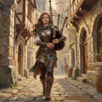 A spirited female adventurer walks down a sun-drenched cobblestone street lined with medieval stone buildings, playing a set of bagpipes. She is dressed in practical leather travel gear and a green tunic. The scene is bright and airy, capturing a vibrant high-fantasy atmosphere of a bustling city afternoon.