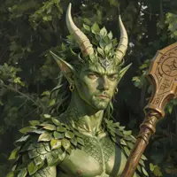 A unique male forest spirit or druid with moss-green skin and hair made of vibrant green leaves. Small wooden antlers sprout from his head, and he holds a gnarled wooden staff. He is surrounded by dense jungle foliage, blending perfectly with the natural world.