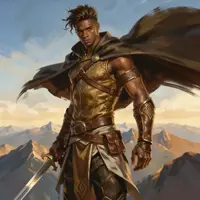 Medieval fantasy male warrior concept art, muscular Black hero in golden armor with flowing cape and blade, mountain range background, RPG character design
