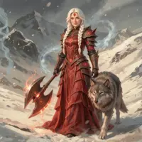 A powerful female warrior in ornate red and bronze plate armor stands in a treacherous, snowy mountain pass. She grips a massive, glowing battle-axe while a large gray wolf stands loyally at her side. The atmosphere is cold and cinematic, capturing a high-fantasy moment of survival and strength.