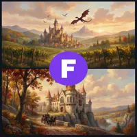 The left panel shows a golden castle overlooking a lush fantasy vineyard at sunset with a dragon flying above. The right panel features a grand manor house surrounded by orange autumn trees and rolling hills.