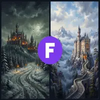 A split view of two atmospheric landscapes. The left shows a jagged dark castle during a lightning storm; the right features a high-altitude stone fortress overlooking a winding, snow-covered mountain pass under a pale blue sky.
