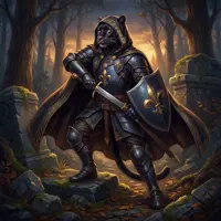 A sleek anthropomorphic black panther in heavy dark plate armor, holding a sword and shield in a misty forest.