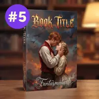 Vertical book cover mockup featuring a reddish-haired man embracing a woman. They stand in front of a dramatic sky with clouds and birds, with the title written in stylized golden letters.