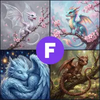 A 2x2 grid featuring a white dragon on a cherry blossom branch, a light blue dragon with glowing eyes, a blue coiled dragon, and a brown dragon perched on a mossy vine.