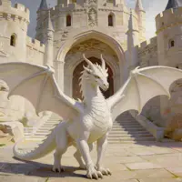 A pure white dragon with golden eyes stands regally at the entrance of a sun-drenched marble citadel. Its broad wings are partially unfurled, reflecting the bright daylight. The clean lines and bright palette emphasize its role as a divine or noble guardian.