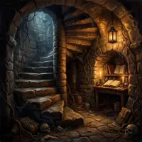Dark academia stone cellar with a spiral staircase, flickering candles, ancient grimoires, and a mysterious gothic atmosphere.