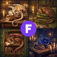 A four-panel grid showing different dragons in a library setting. Top-left: A white dragon sleeping on an open book. Top-right: A gold dragon resting on a stack of green books. Bottom-left: A red dragon nestled in a bookshelf. Bottom-right: A blue dragon sleeping under candlelight on a pile of books.
