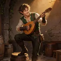 A cheerful, curly-haired halfling or elf bard perches on a wooden barrel in a rustic cellar, strumming a mandolin. He wears a green vest and brown breeches, with a wide, infectious smile. The lighting is soft and moody, emphasizing the whimsical, character-focused digital art style common in TTRPG campaigns.
