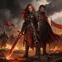 A powerful female warrior in ornate black and red armor leans against a brooding swordsman. She holds a massive, glowing flame-imbued greatsword that illuminates the dark, smoky battlefield behind them, filled with embers and tattered red banners.