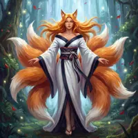 A powerful nine-tailed kitsune in human form stands regally in a sun-dappled ancient forest. She wears a traditional white and navy kimono, her vibrant orange tails fanned out behind her like a sunburst. Swirling petals and golden fireflies surround her, captured in a lush, detailed painterly style that highlights the harmony between the mythical guardian and her woodland home.