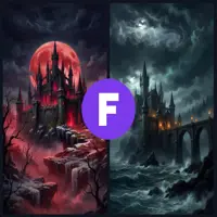 A comparison of two dramatic night scenes. One side shows a vampire-style castle silhouetted against a massive crimson blood moon. The other features a gothic cathedral perched on a cliff over a violent, dark sea with crashing waves.