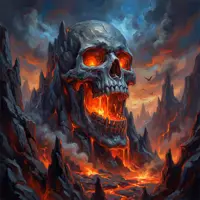 Intimidating volcanic mountain shaped like a skull, with molten lava flowing from the eyes and mouth in a fiery, hellish landscape.