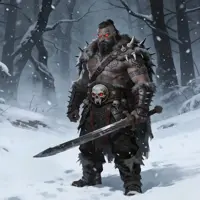 A massive, fur-clad goliath with glowing red eyes stands in a deep snowdrift. He wears heavy iron-spiked armor and carries a massive two-handed sword. The desaturated, cold tones emphasize the brutal strength of this mountain dweller.