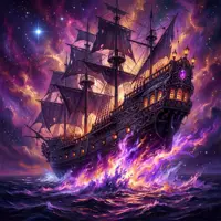 Ethereal ghost ship galleon sailing through a glowing purple cosmic nebula sea with magical energy trails and celestial lighting.
