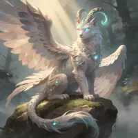 An elegant, white-winged feline with shimmering fur and spiraling horns sits regally on a moss-covered rock. Its body is adorned with intricate silver filigree armor embedded with glowing cyan gemstones, which match its piercing blue eyes. Large, feathered wings extend from its back, while its long tail is wrapped in delicate silver bands. The background features a misty forest bathed in soft, divine light, creating a serene and high-fantasy atmosphere.