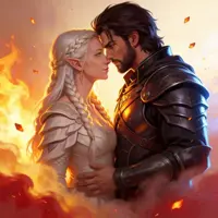 A human warrior in dark leather armor and a blonde elven woman in a white leaf-inspired dress lean toward each other for a kiss. They are bathed in the golden, hazy glow of a setting sun, with autumn leaves swirling around them in a soft-focus, painterly style.