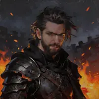 A gritty human warrior with dark, messy hair and a thick beard, clad in heavy black plate armor covered in soot. Embers and orange flames flicker in the background, reflecting off his armor and face, capturing the intensity of a battlefield at night.