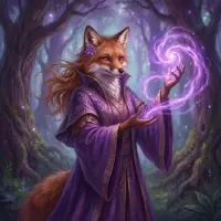 An anthropomorphic red fox in elegant purple robes, conjuring a swirl of violet magical energy in a forest.