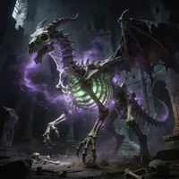 A terrifying skeletal dragon stands within a dark, crumbling gothic cathedral. Glowing purple necromantic energy pulses from its ribcage and eye sockets, casting shadowy violet light across the ancient stone ruins and scattered bones of its lair.