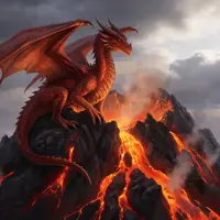 A fierce red dragon sits atop a smoldering volcanic vent. Glowing lava flows through the cracks in the dark basalt rocks, casting an intense orange glow on the dragon's underside. Smoke and ash fill the moody, overcast sky, emphasizing a sense of primal heat and power.