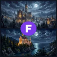 A split image featuring a towering gothic cathedral under a bright full moon and scattered clouds. The bottom panel shows a sprawling stone castle nestled in a dark pine forest, with its warm yellow lights reflecting on a calm, moonlit lake.