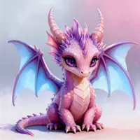 A charming, wide-eyed baby dragon with lavender scales and soft teal wings. It sits playfully on a pink-hued surface, its large purple eyes and tiny horns rendered in a whimsical, painterly style that emphasizes its cute and curious personality.