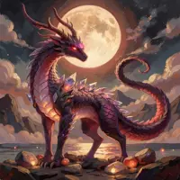 A slender, dark purple dragon with glowing violet crystals along its back stands on a rocky shore under a massive, glowing full moon. The creature features elegant antlers, glowing red eyes, and a long, curled tail, with its underbelly radiating a warm, amber light. The scene is set against a dramatic sky of swirling clouds and distant mountains, rendered in a painterly high-fantasy style with vibrant orange and purple tones.