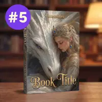 A 3D book cover mockup featuring the placeholder text "Book Title" in elegant gold script. The illustration depicts a close, intimate view of a blonde woman wearing an intricate gold crown with blue gems, leaning her head affectionately against a majestic white dragon with ice-blue eyes. The book stands on a wooden surface with a blurred library background. A purple circle with "#5" sits in the top-left corner.