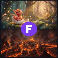 A split-image featuring a small orange dragon hatching from an egg in a glowing forest on top, and a dark, curled-up dragon sleeping amidst glowing lava on the bottom.