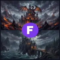 A vertical split showing an epic dark fortress with a dragon perched on its highest tower amidst volcanic clouds. Below it, a secluded gothic castle is connected to a mainland cliff by a narrow, treacherous stone bridge over a misty abyss.