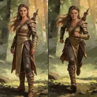 A split-view composition showing an elven archer in motion. On the left, she stands regally with a quiver on her back; on the right, she is captured mid-stride through a sun-dappled glade. The artwork emphasizes her agile, high-fantasy design and light-medium leather armor, perfect for a scout or rogue character.
