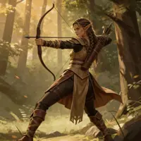 A final heroic pose of the elf ranger, standing tall among the trees with her bow at the ready. Her leather armor is intricately detailed with metal accents, and her expression is one of calm mastery. The lush, painterly environment and soft-focus background make this a quintessential piece of character-driven fantasy art.