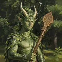 Forest dragon humanoid shaman in leaf plate armor, green scaled male creature with curved horns holding carved totem staff, woodland grove setting, nature elemental fantasy concept art