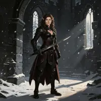A dark-haired woman in ornate black and crimson leather armor stands within a ruined, snowy cathedral. She holds a slender blade, her expression focused. Light filters through a high window, creating a high-contrast, evocative scene.