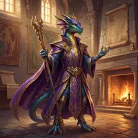 A tall anthropomorphic dragon with iridescent scales, wearing royal purple robes and holding a golden staff.