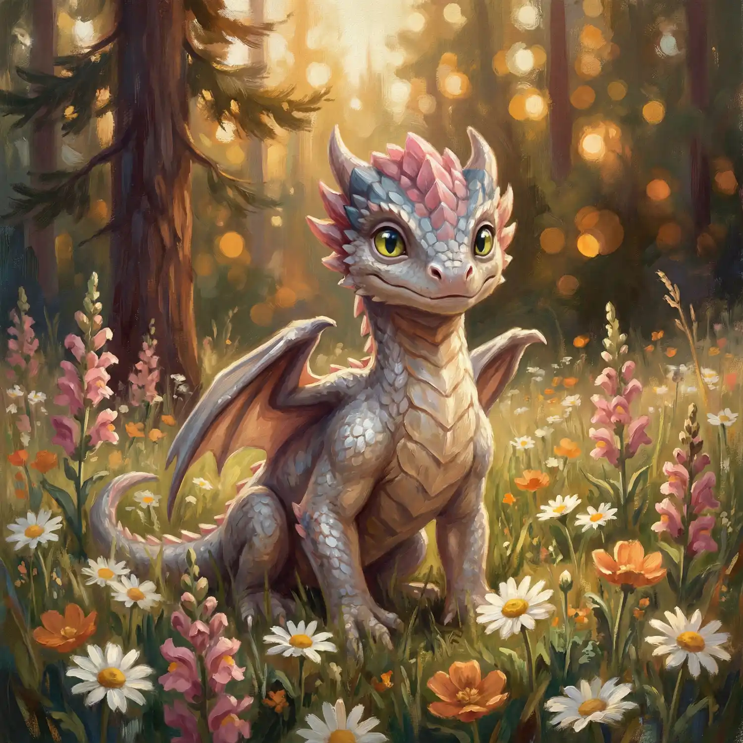 A young, silver-scaled dragon with pink crests sits amidst a lush field of daisies and wildflowers. Sunlight filters through the forest canopy behind it, creating enchanting god-rays that highlight the creature's friendly expression and the vibrant, organic textures of the nature scene.