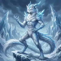 A lean, anthropomorphic white wolf with ice-like fur textures, posing heroically in a frozen, jagged cavern.