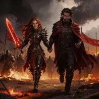 A red-haired warrior and a dark-haired swordsman walk hand-in-hand through a field of fire and debris. Both are clad in heavy, battle-scarred armor, their determined expressions and tattered red cloaks conveying a sense of shared survival and loyalty.