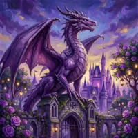 A deep purple dragon perches on the gatehouse of a fairytale castle at dusk. The sky is a swirl of magenta and violet clouds, mirrored by a field of blooming purple roses. The dreamy, whimsical lighting gives the scene a magical, storybook atmosphere.